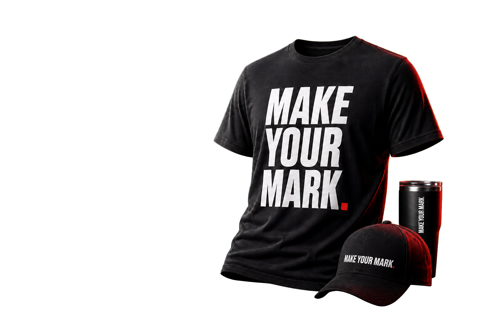 Matching Make Your Mark shirt, embroidered cap, and branded tumbler
